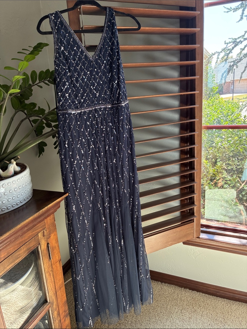 Adrianna Papell Navy Beaded V-Neck Maxi Gown